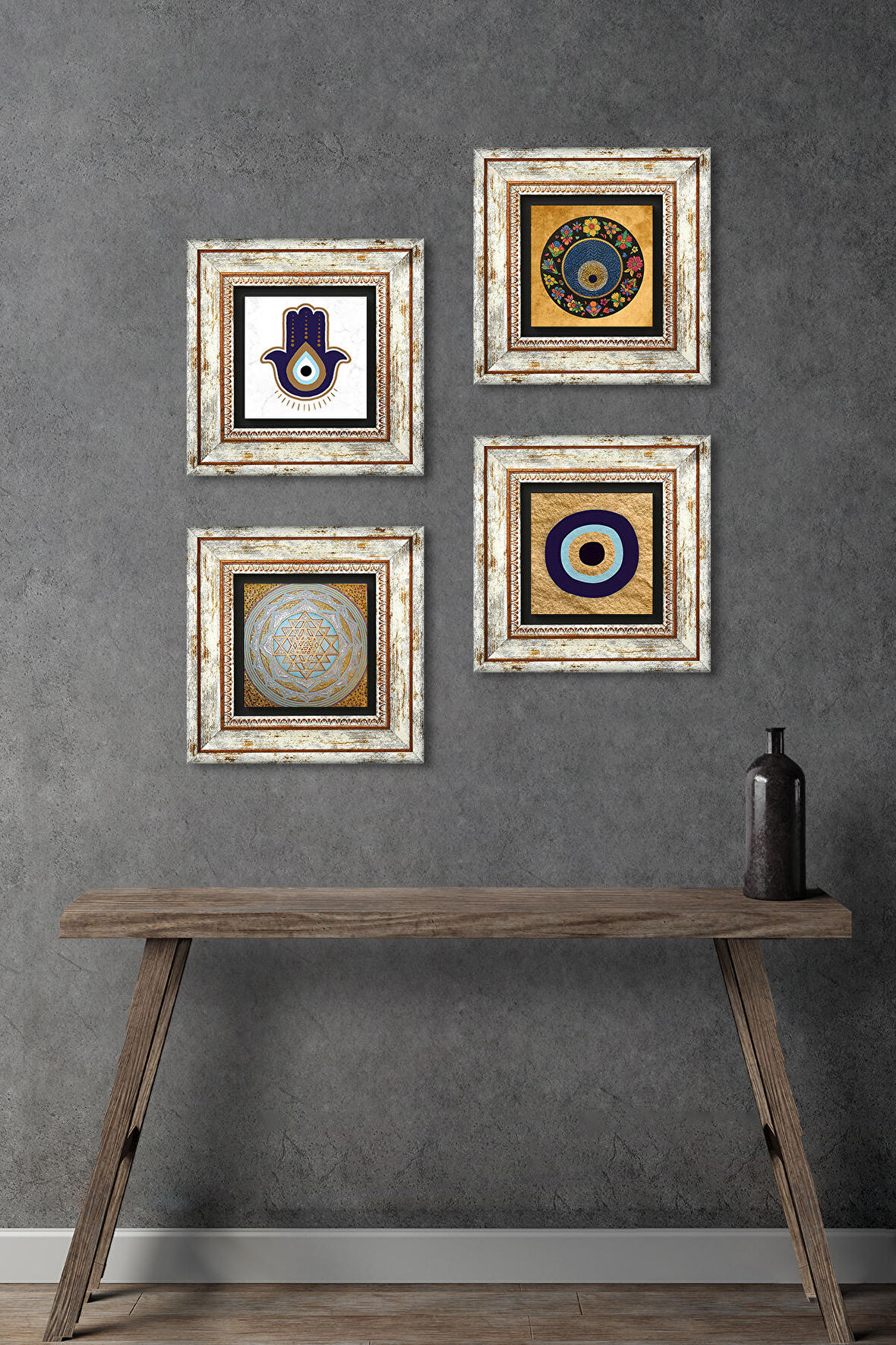 Fatma Ana Eli (Hamsa), Sri Yantra, Nazar Taş Duvar Tablosu Çerçeveli Duvar Dekoru 4 Parça Tablo Seti Wall Art