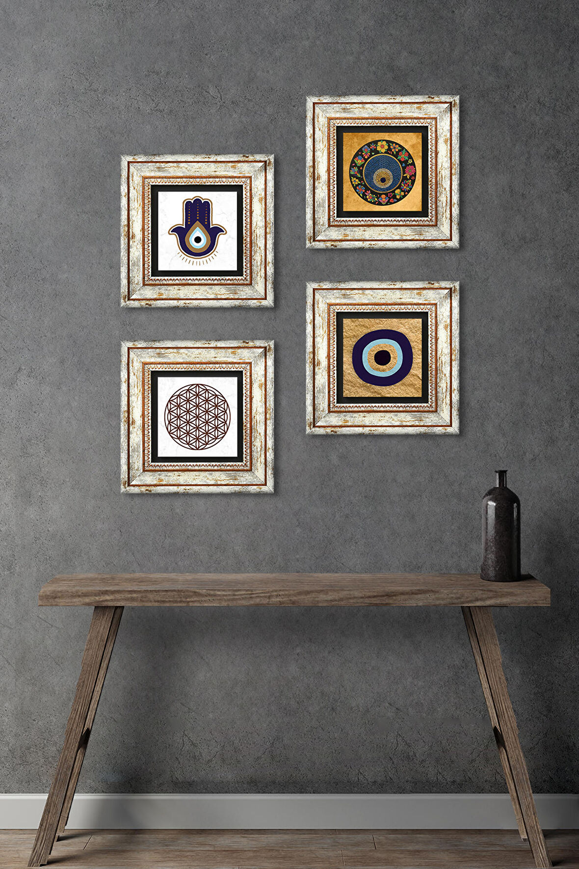 Fatma Ana Eli (Hamsa), Yaşam Çiçeği, Nazar Taş Duvar Tablosu Çerçeveli Duvar Dekoru 4 Parça Tablo Seti Wall Art