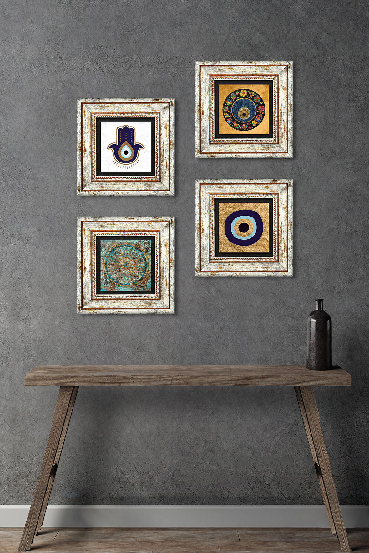 Fatma Ana Eli (Hamsa), Yaşam Çiçeği, Nazar Taş Duvar Tablosu Çerçeveli Duvar Dekoru 4 Parça Tablo Seti Wall Art