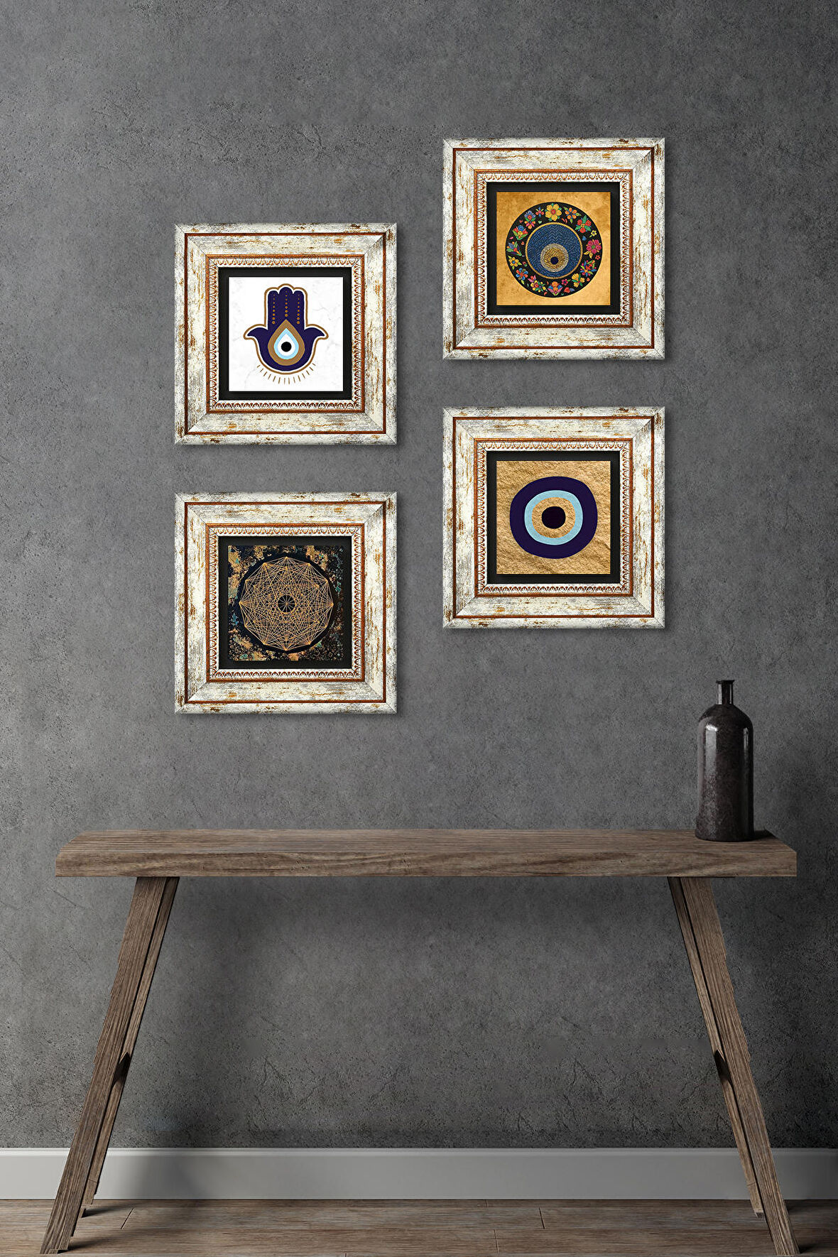 Fatma Ana Eli (Hamsa), Sri Yantra, Nazar Taş Duvar Tablosu Çerçeveli Duvar Dekoru 4 Parça Tablo Seti Wall Art