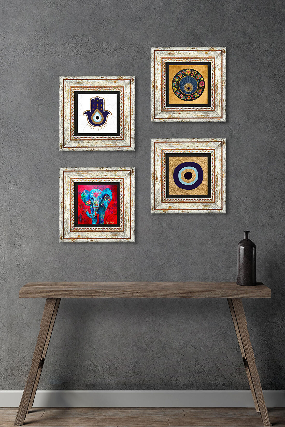 Fatma Ana Eli (Hamsa), Fil, Nazar Taş Duvar Tablosu Çerçeveli Duvar Dekoru 4 Parça Tablo Seti Wall Art