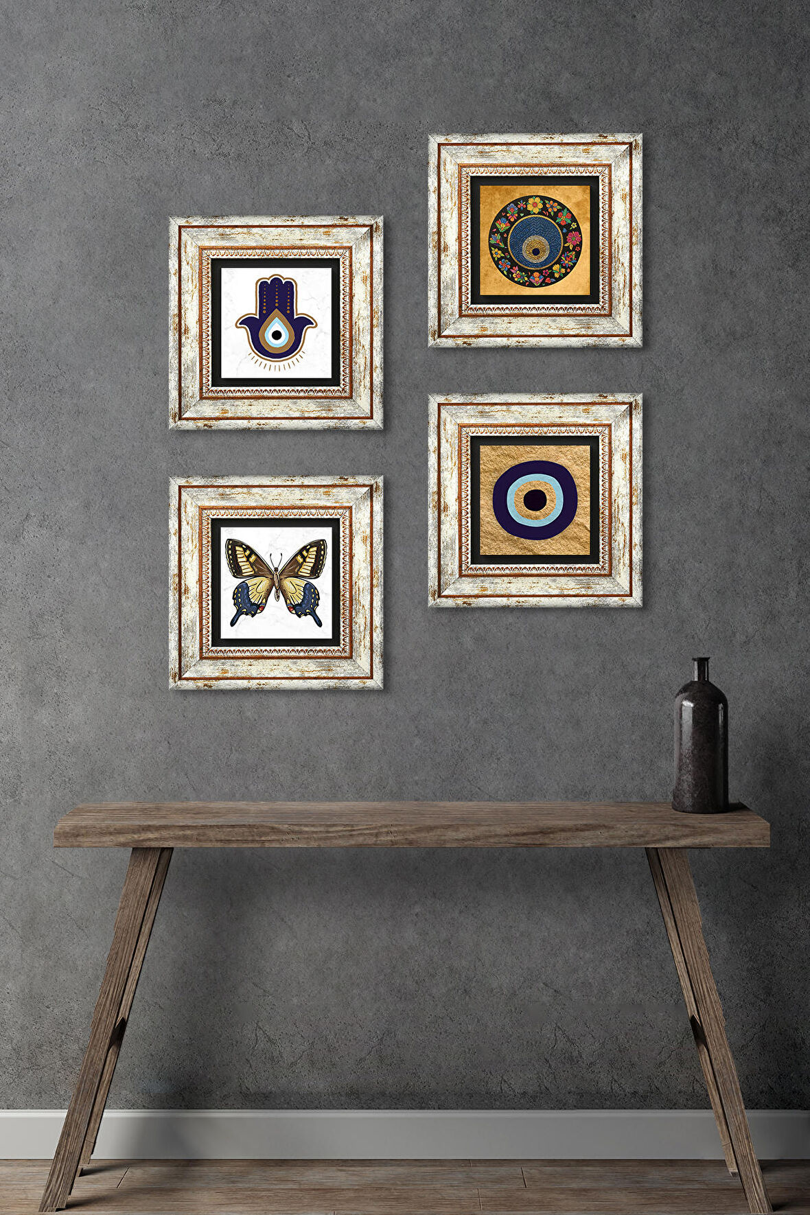 Fatma Ana Eli (Hamsa), Kelebek, Nazar Taş Duvar Tablosu Çerçeveli Duvar Dekoru 4 Parça Tablo Seti Wall Art