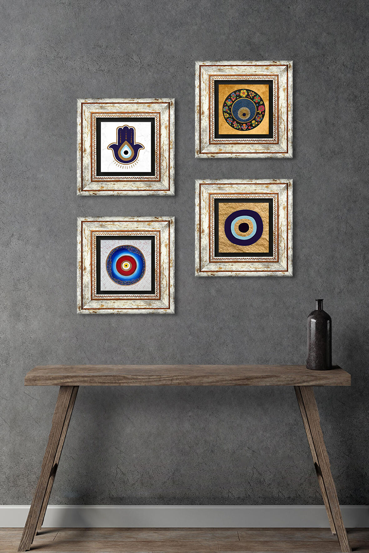 Fatma Ana Eli (Hamsa), Nazar Taş Duvar Tablosu Çerçeveli Duvar Dekoru 4 Parça Tablo Seti Wall Art