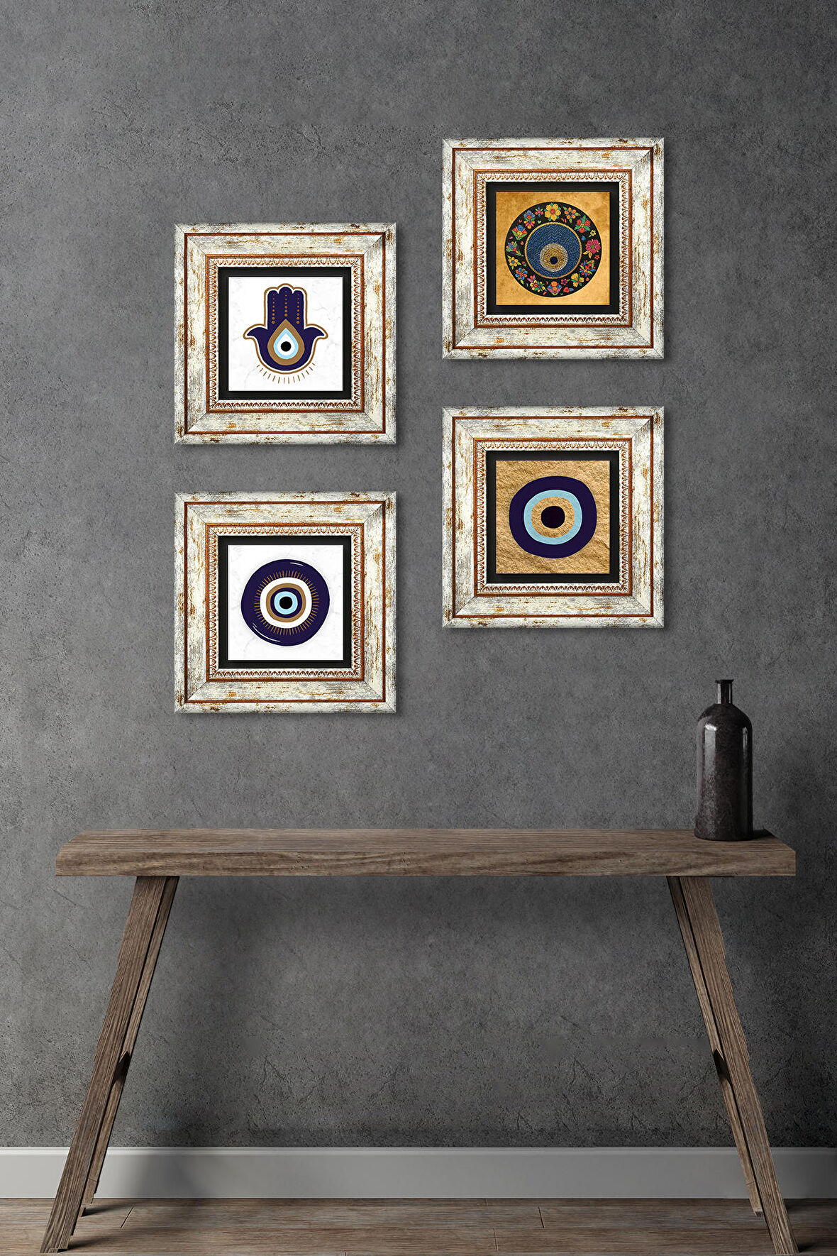 Fatma Ana Eli (Hamsa), Nazar Taş Duvar Tablosu Çerçeveli Duvar Dekoru 4 Parça Tablo Seti Wall Art