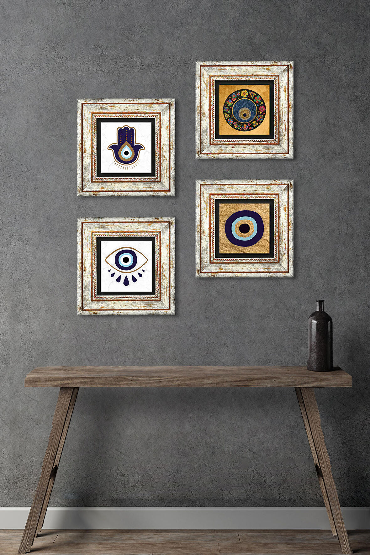 Fatma Ana Eli (Hamsa), Nazar Taş Duvar Tablosu Çerçeveli Duvar Dekoru 4 Parça Tablo Seti Wall Art