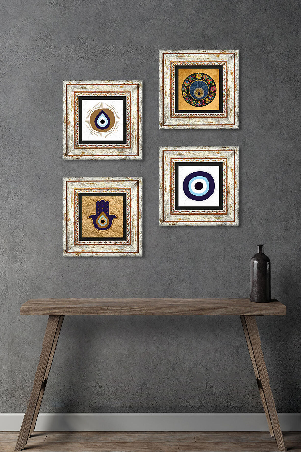 Fatma Ana Eli (Hamsa), Nazar Taş Duvar Tablosu Çerçeveli Duvar Dekoru 4 Parça Tablo Seti Wall Art