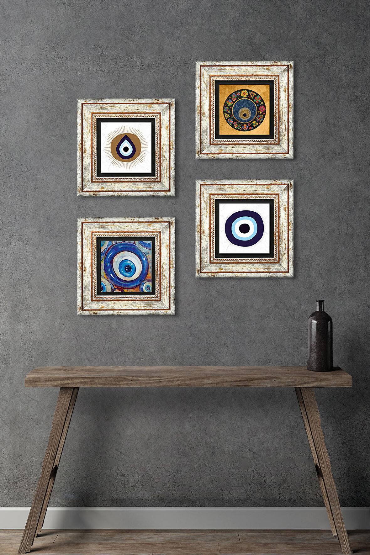 Nazar Taş Duvar Tablosu Çerçeveli Duvar Dekoru 4 Parça Tablo Seti Wall Art