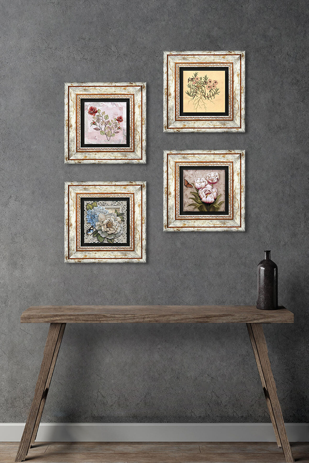 Gül, Vintage Çiçek, Kelebekli Çiçek Taş Duvar Tablosu Çerçeveli Duvar Dekoru 4 Parça Tablo Seti Wall Art