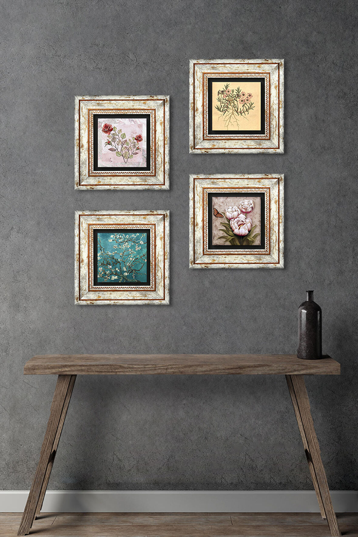 Gül, Vintage Çiçek, Van Gogh Badem Ağacı, Kelebekli Çiçek Taş Duvar Tablosu Çerçeveli Duvar Dekoru 4 Parça Tablo Seti Wall Art