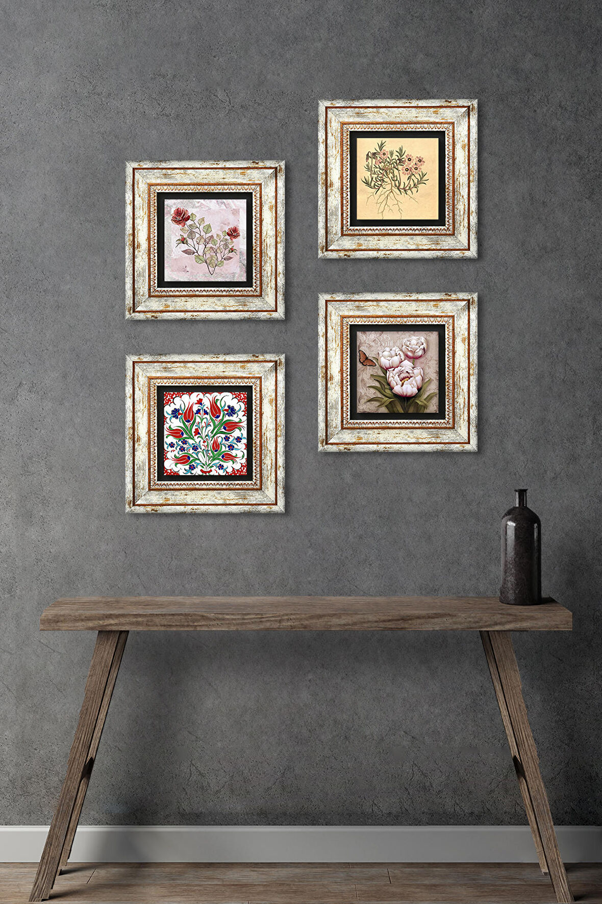 Gül, Vintage Çiçek, Lale, Kelebekli Çiçek Taş Duvar Tablosu Çerçeveli Duvar Dekoru 4 Parça Tablo Seti Wall Art
