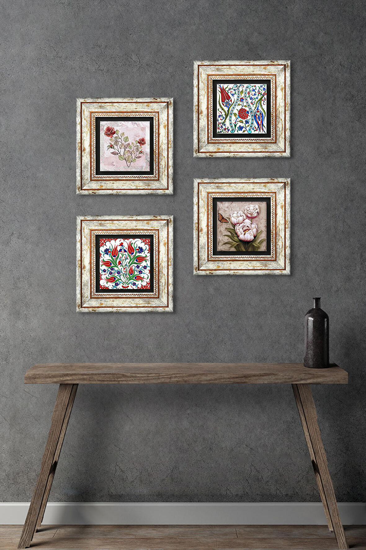 Gül, Lale, Kelebekli Çiçek Taş Duvar Tablosu Çerçeveli Duvar Dekoru 4 Parça Tablo Seti Wall Art