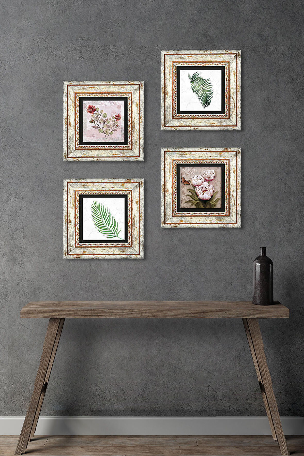 Gül, Yaprak, Kelebekli Çiçek Taş Duvar Tablosu Çerçeveli Duvar Dekoru 4 Parça Tablo Seti Wall Art