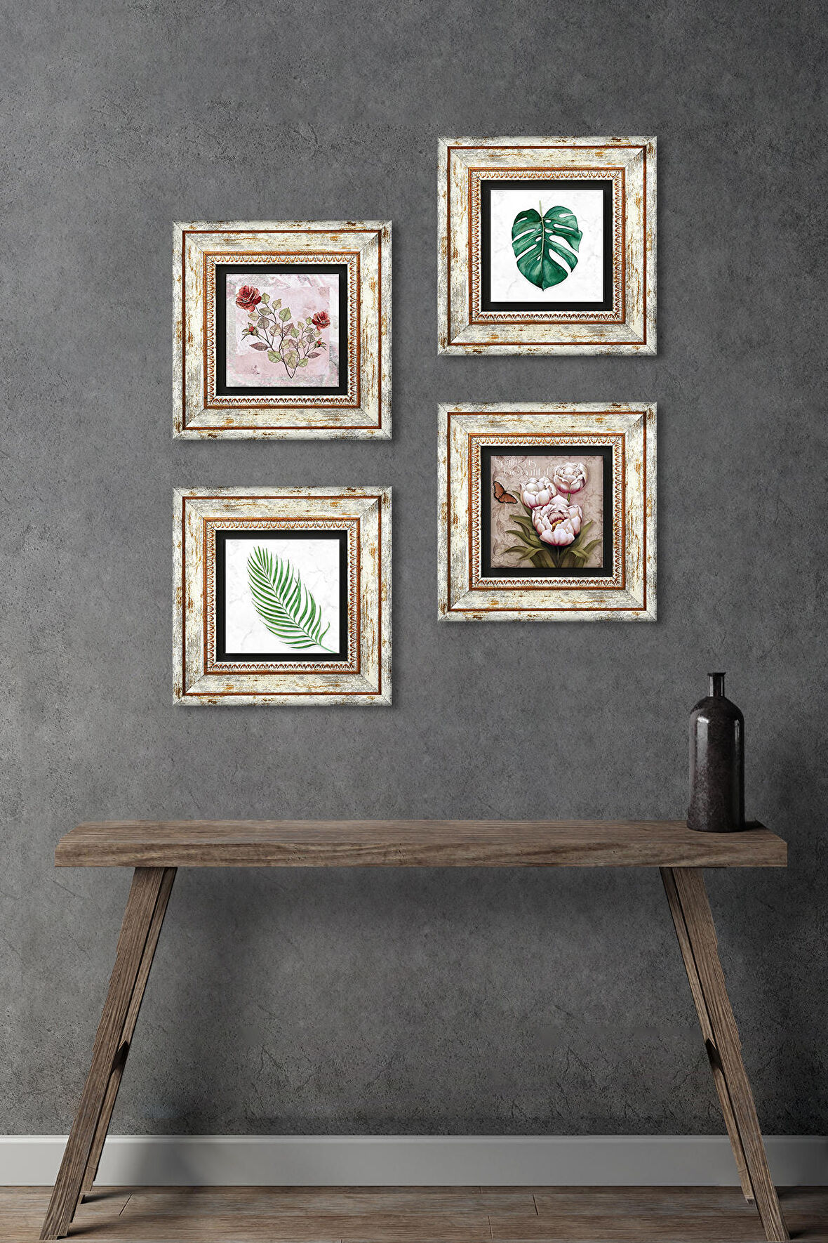 Gül, Yaprak, Kelebekli Çiçek Taş Duvar Tablosu Çerçeveli Duvar Dekoru 4 Parça Tablo Seti Wall Art