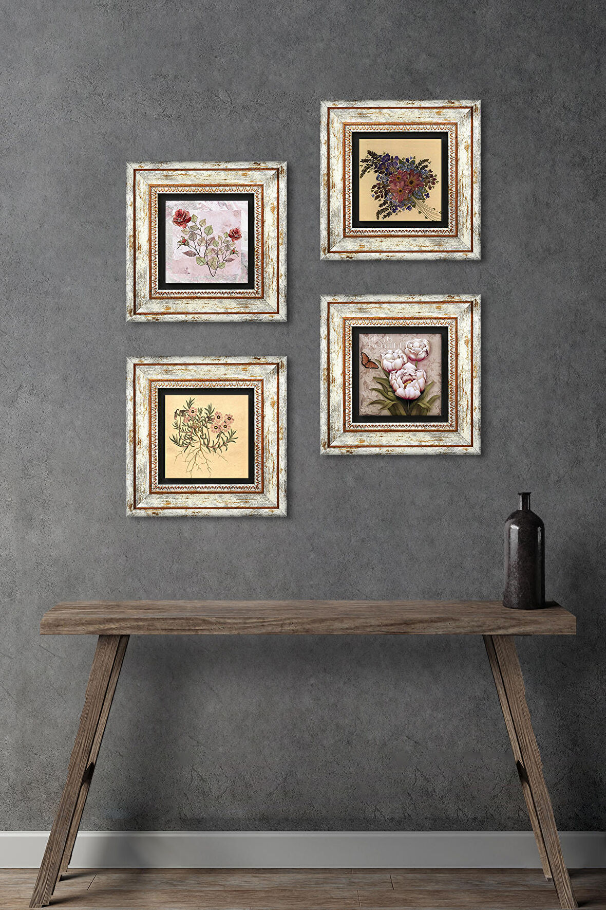 Gül, Vintage Çiçek, Kelebekli Çiçek Taş Duvar Tablosu Çerçeveli Duvar Dekoru 4 Parça Tablo Seti Wall Art