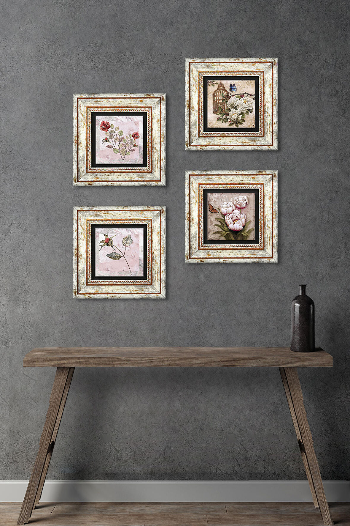 Gül, Kelebekli Çiçek Taş Duvar Tablosu Çerçeveli Duvar Dekoru 4 Parça Tablo Seti Wall Art