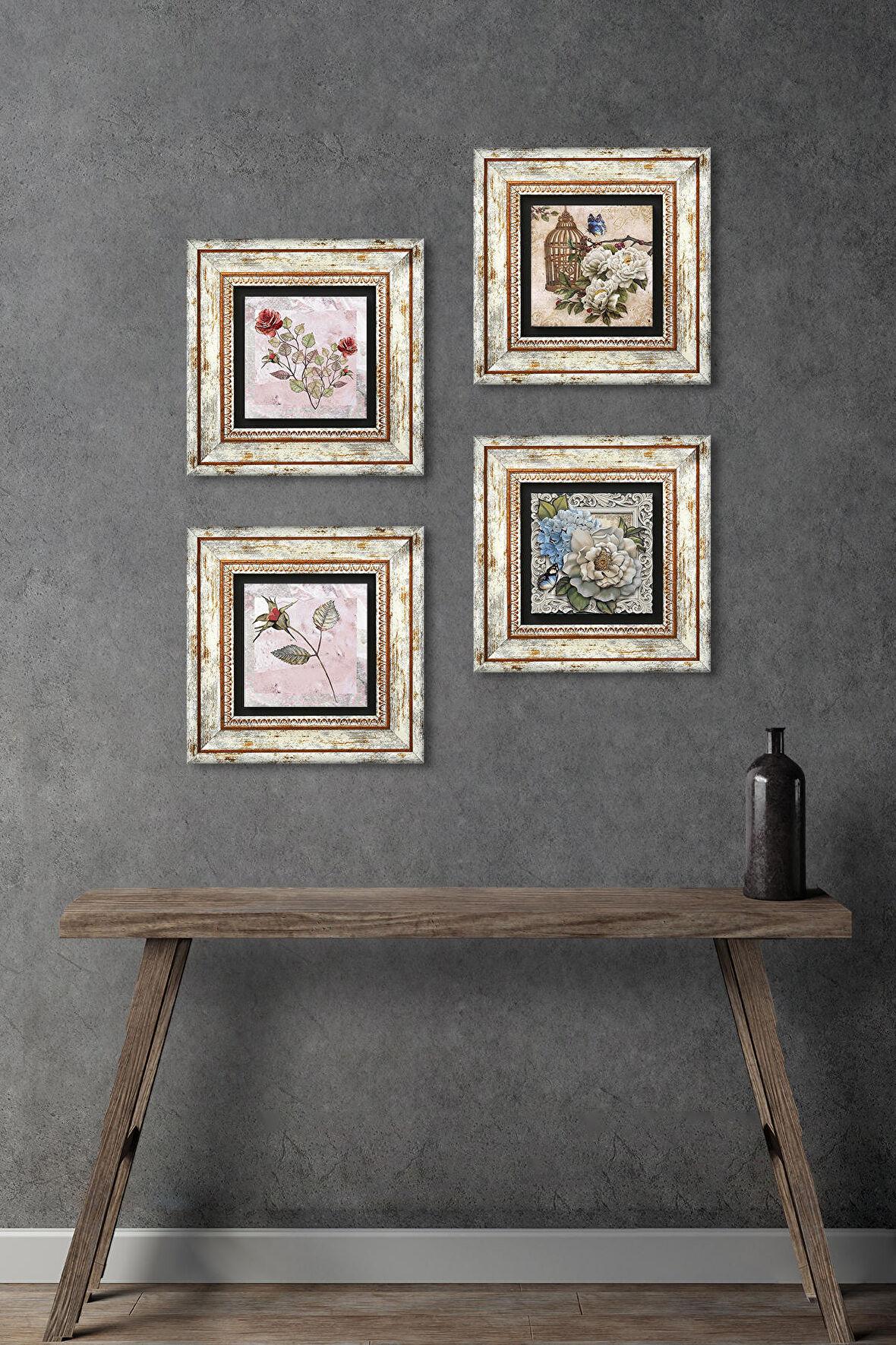 Gül, Kelebekli Çiçek Taş Duvar Tablosu Çerçeveli Duvar Dekoru 4 Parça Tablo Seti Wall Art