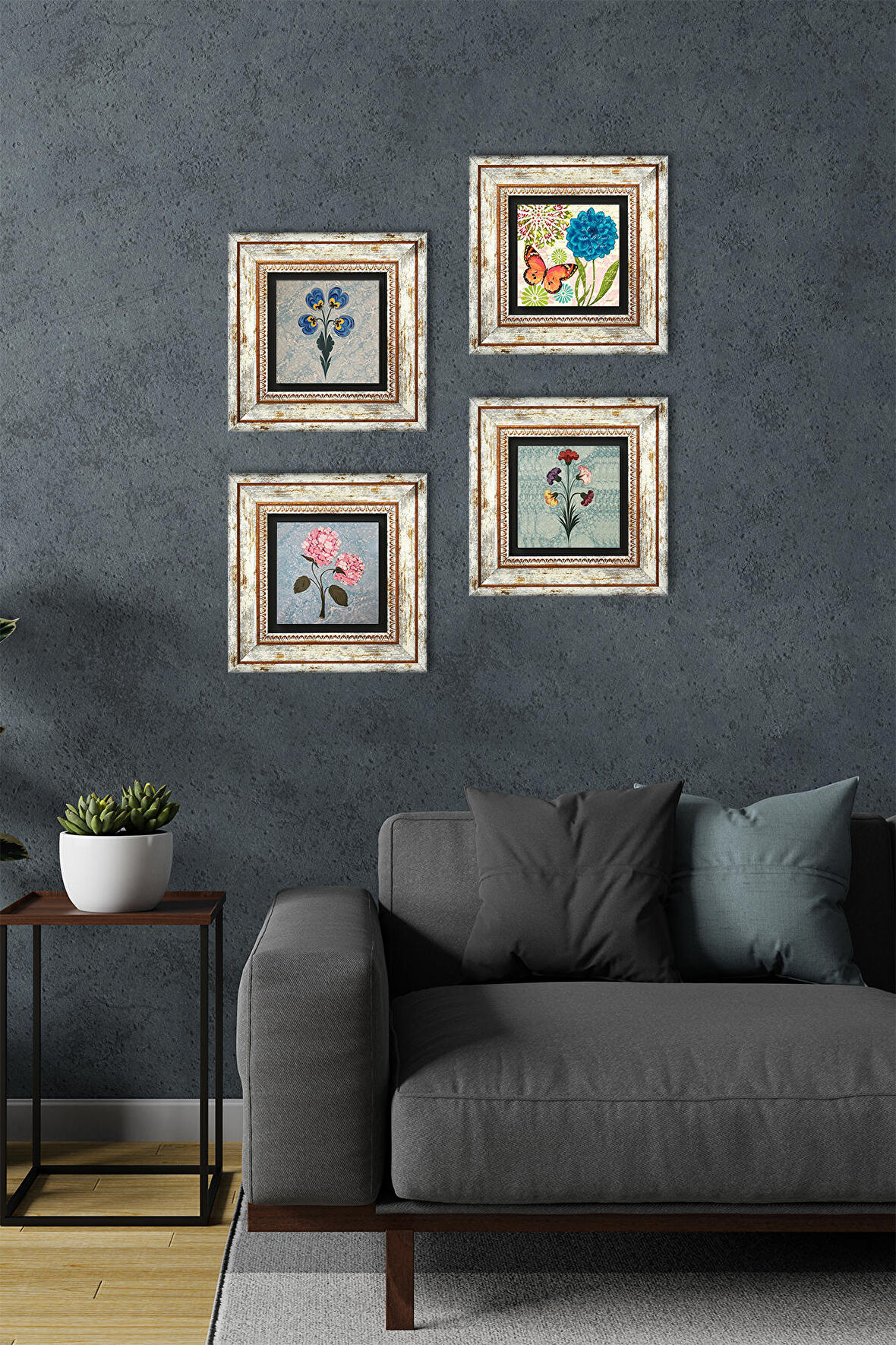 Kelebek, Ebru Sanatı, Pembe Ortanca Çiçeği Taş Duvar Tablosu Çerçeveli Duvar Dekoru 4 Parça Tablo Seti Wall Art