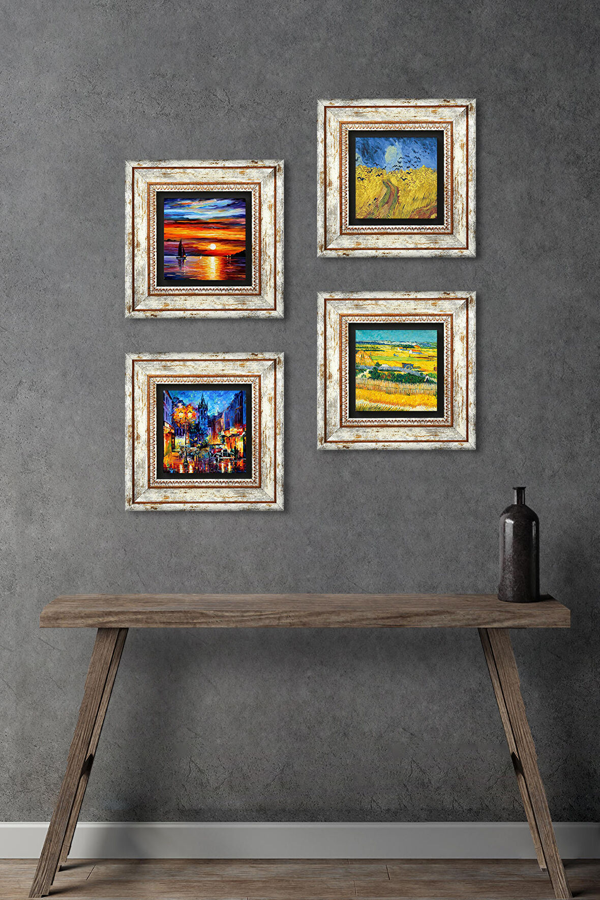 Van Gogh, Deniz Manzarası, Sokak Manzarası Taş Duvar Tablosu Çerçeveli Duvar Dekoru 4 Parça Tablo Seti Wall Art