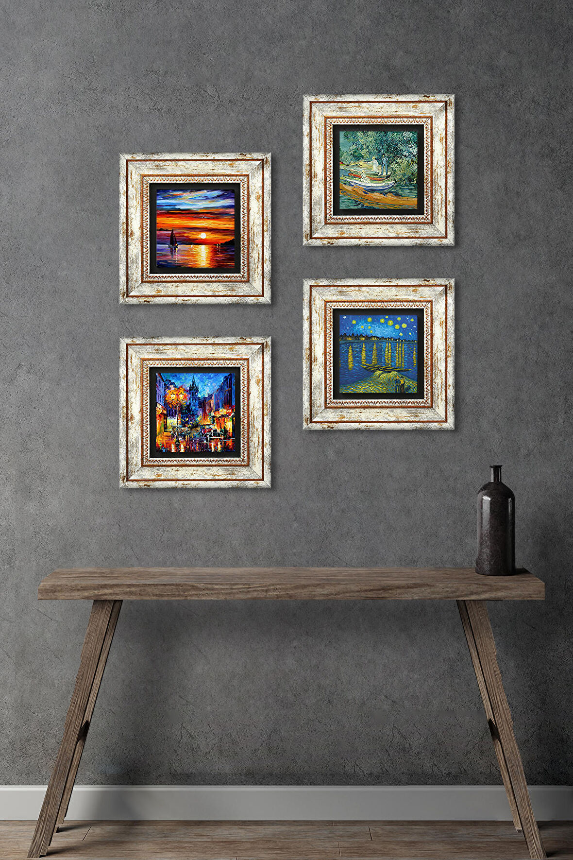 Van Gogh, Deniz Manzarası, Sokak Manzarası Taş Duvar Tablosu Çerçeveli Duvar Dekoru 4 Parça Tablo Seti Wall Art