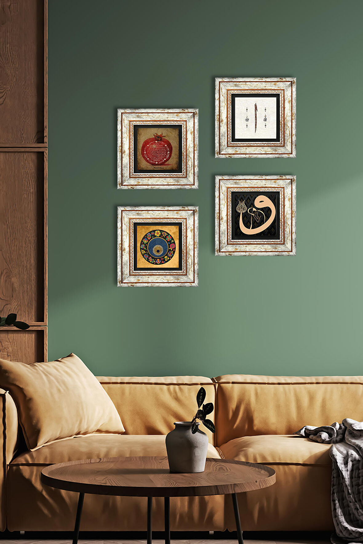 Vav, Elif, Nazar, Bereket Duası Taş Duvar Tablosu Çerçeveli Duvar Dekoru 4 Parça Tablo Seti Wall Art