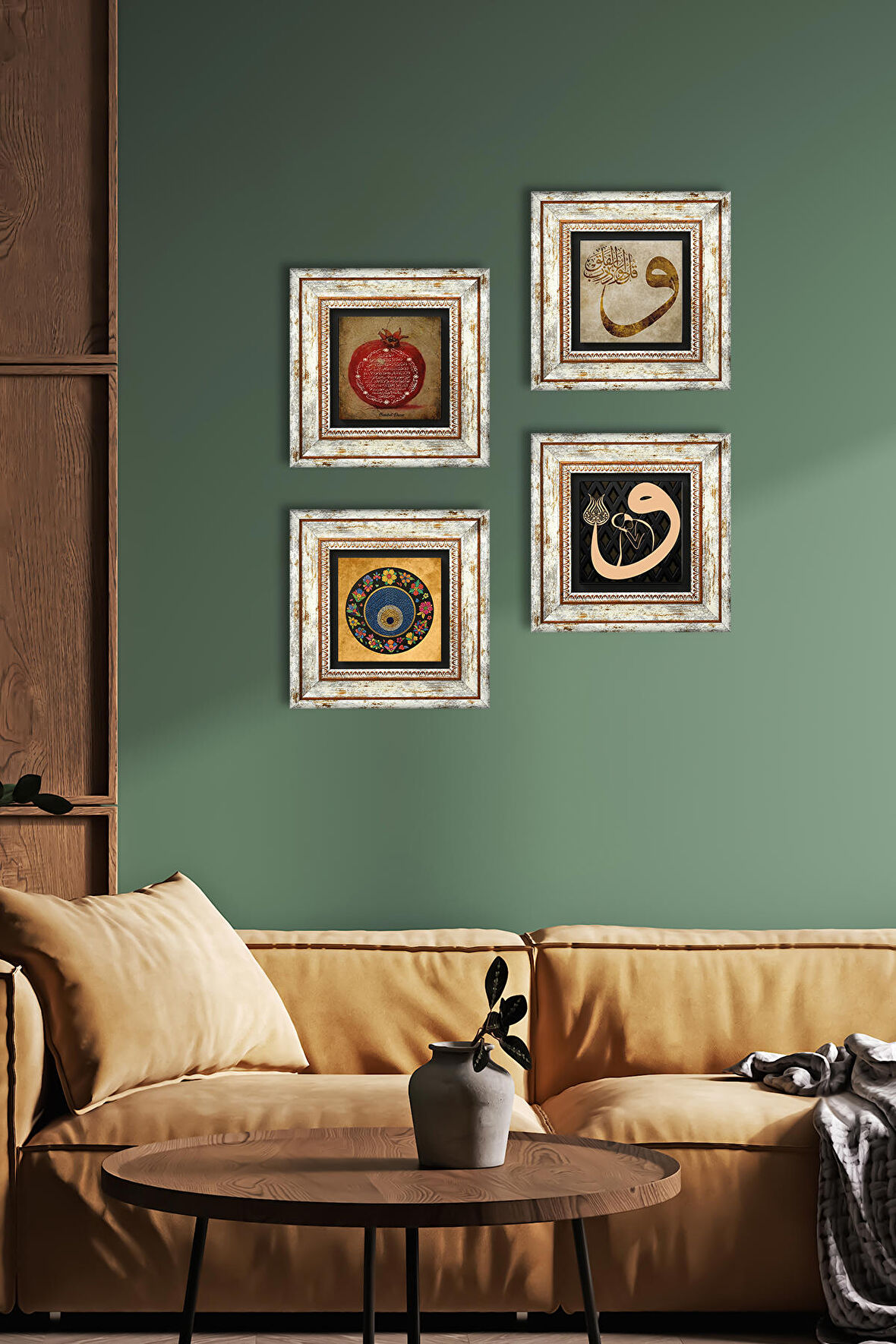 Vav, Nazar, Bereket Duası Taş Duvar Tablosu Çerçeveli Duvar Dekoru 4 Parça Tablo Seti Wall Art