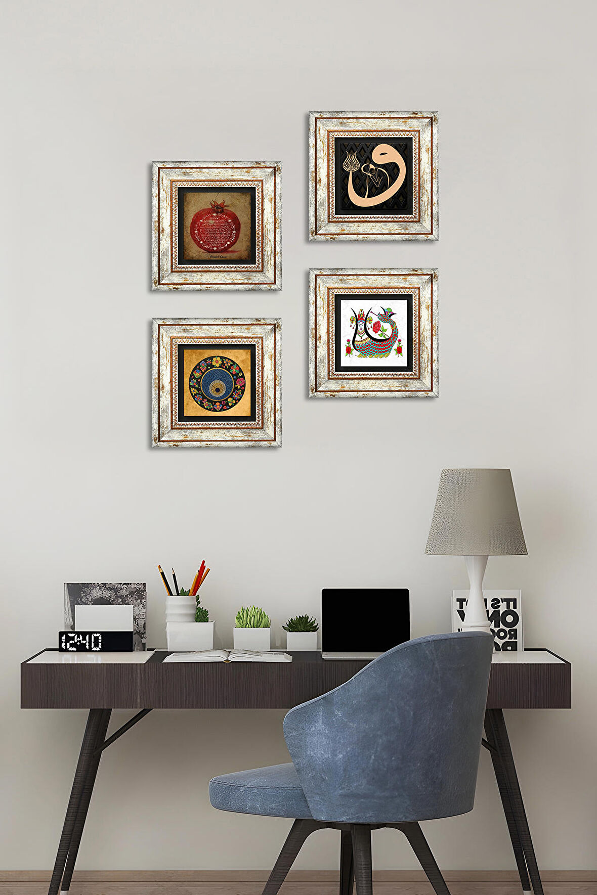 Şahmeran, Vav, Nazar, Bereket Duası Taş Duvar Tablosu Çerçeveli Duvar Dekoru 4 Parça Tablo Seti Wall Art