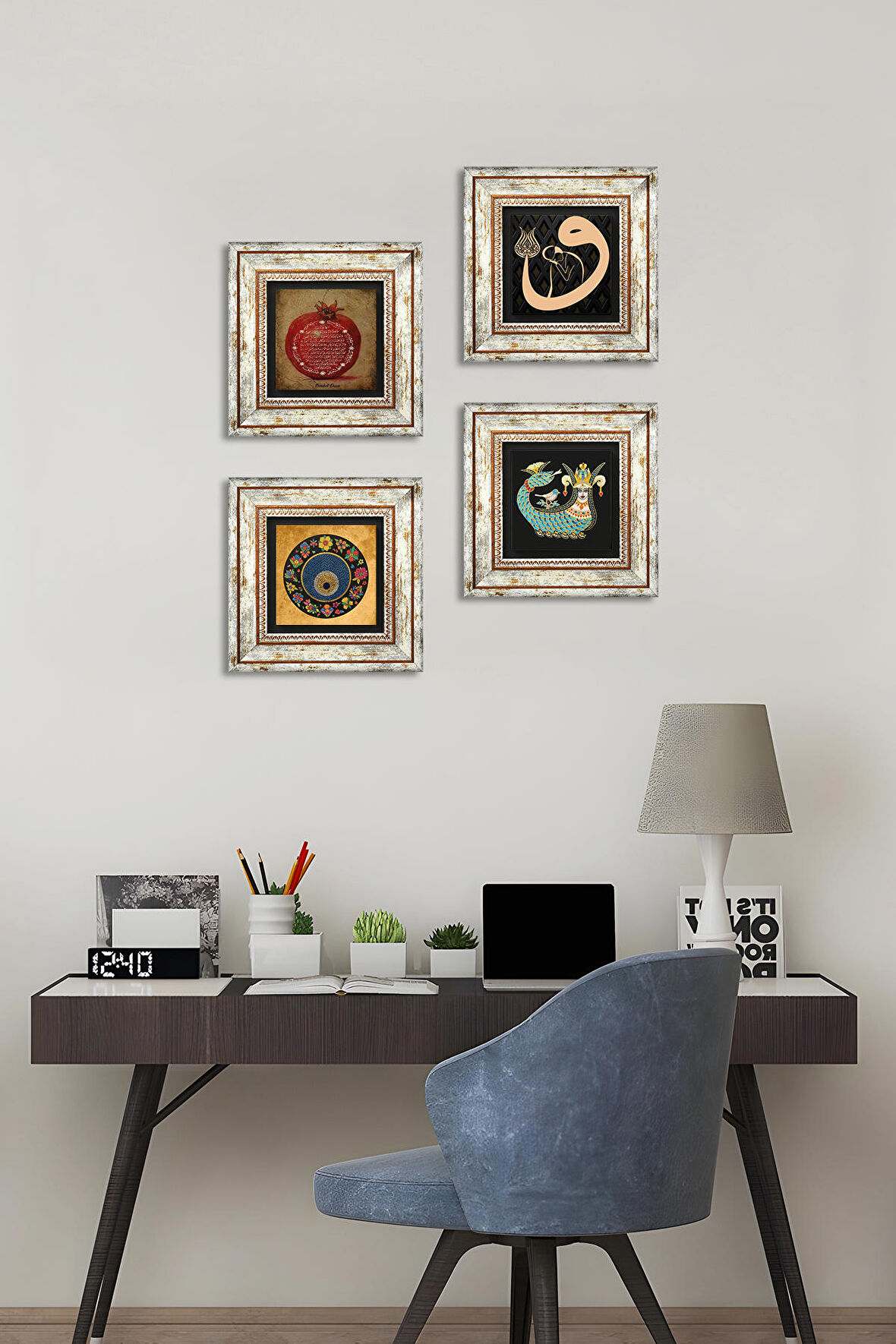 Vav, Nazar, Bereket Duası, Şahmeran Taş Duvar Tablosu Çerçeveli Duvar Dekoru 4 Parça Tablo Seti Wall Art