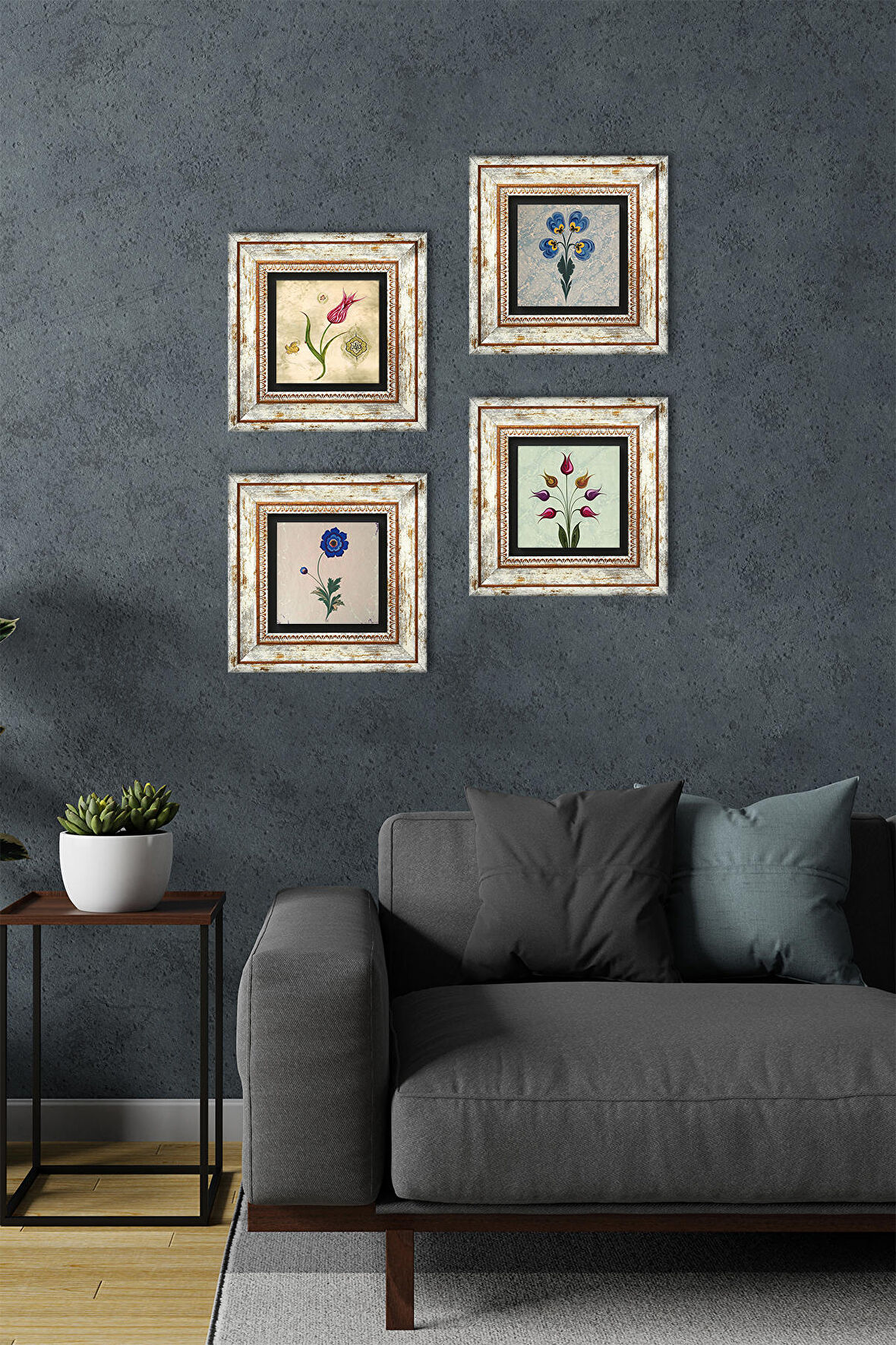 Ebru Sanatı, Lale Taş Duvar Tablosu Çerçeveli Duvar Dekoru 4 Parça Tablo Seti Wall Art