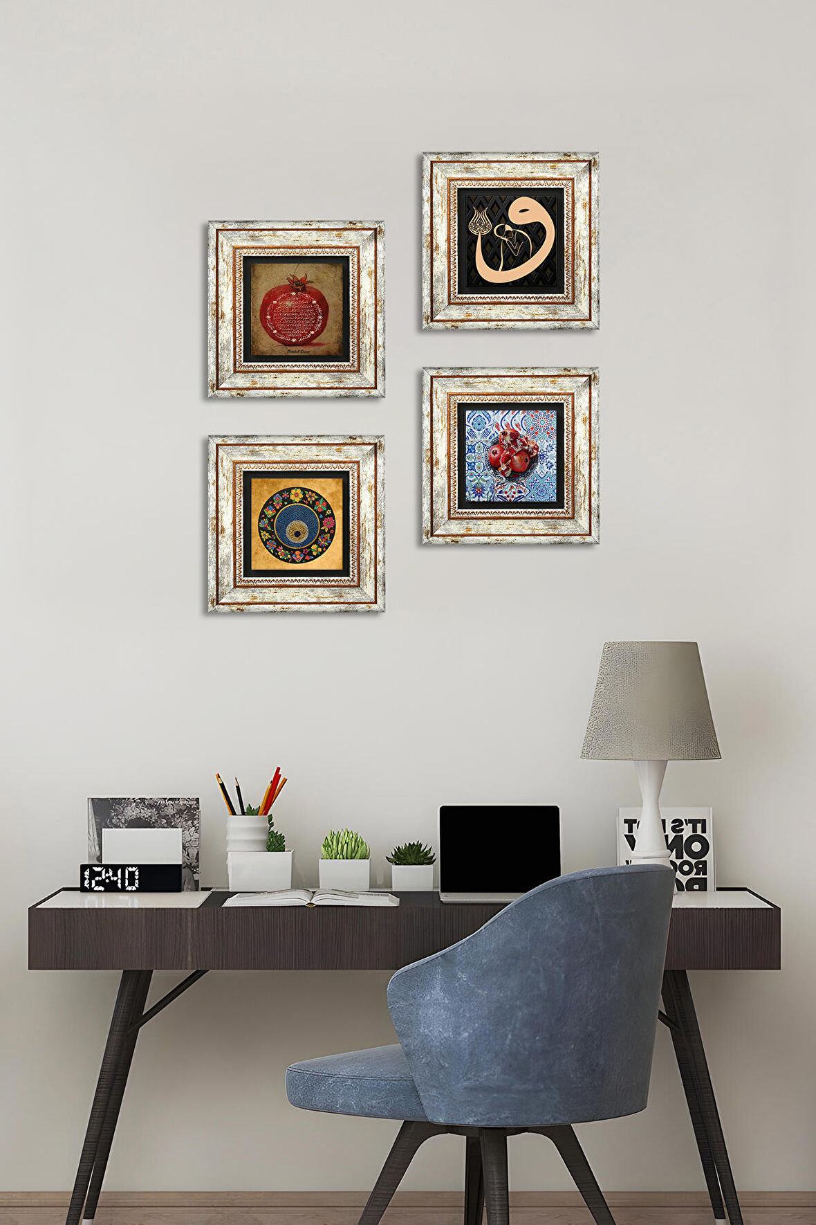 Vav, Nazar, Bereket Duası, Nar Taş Duvar Tablosu Çerçeveli Duvar Dekoru 4 Parça Tablo Seti Wall Art