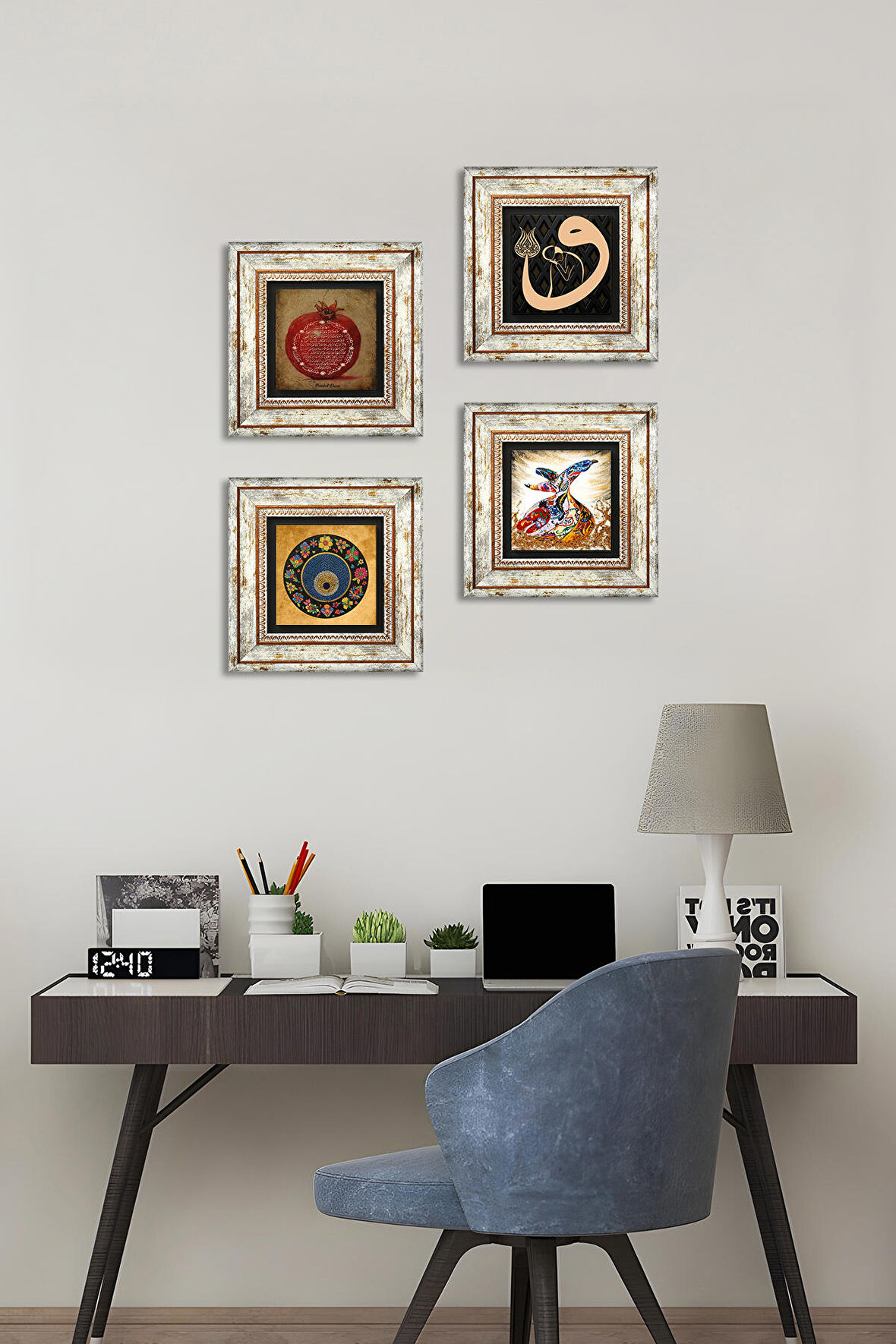 Vav, Nazar, Bereket Duası, Semazen Taş Duvar Tablosu Çerçeveli Duvar Dekoru 4 Parça Tablo Seti Wall Art