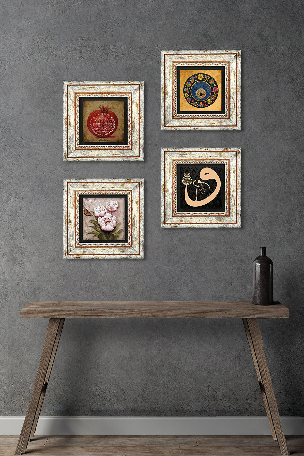 Vav, Nazar, Bereket Duası, Kelebekli Çiçek Taş Duvar Tablosu Çerçeveli Duvar Dekoru 4 Parça Tablo Seti Wall Art