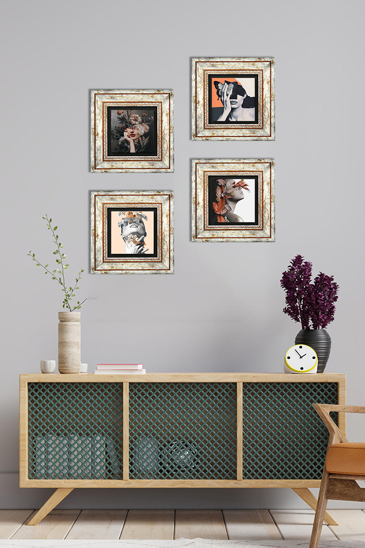 Bahar Düşü Serisi Taş Duvar Tablosu Çerçeveli Duvar Dekoru 4 Parça Tablo Seti Wall Art