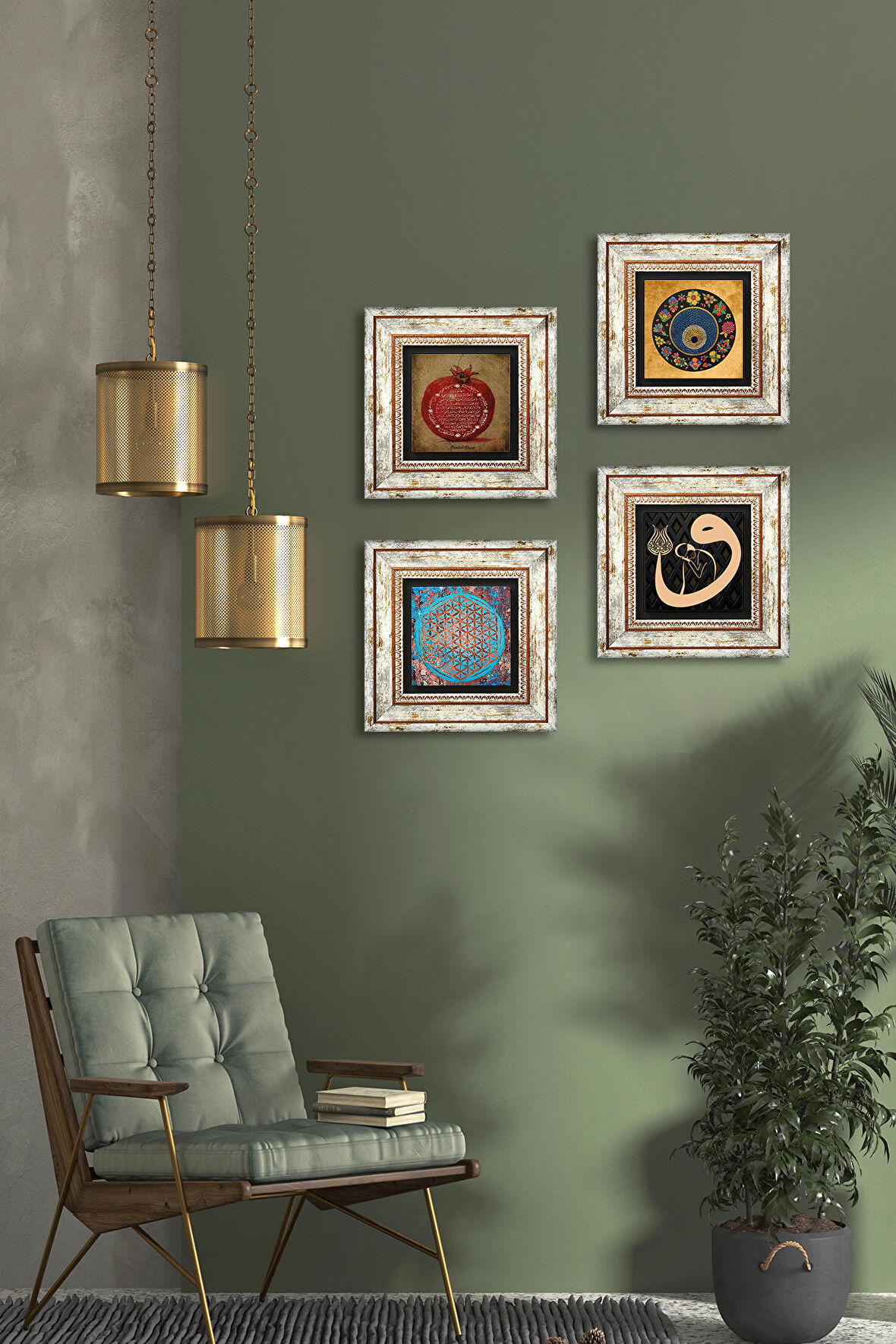 Yaşam Çiçeği, Vav, Nazar, Bereket Duası Taş Duvar Tablosu Çerçeveli Duvar Dekoru 4 Parça Tablo Seti Wall Art