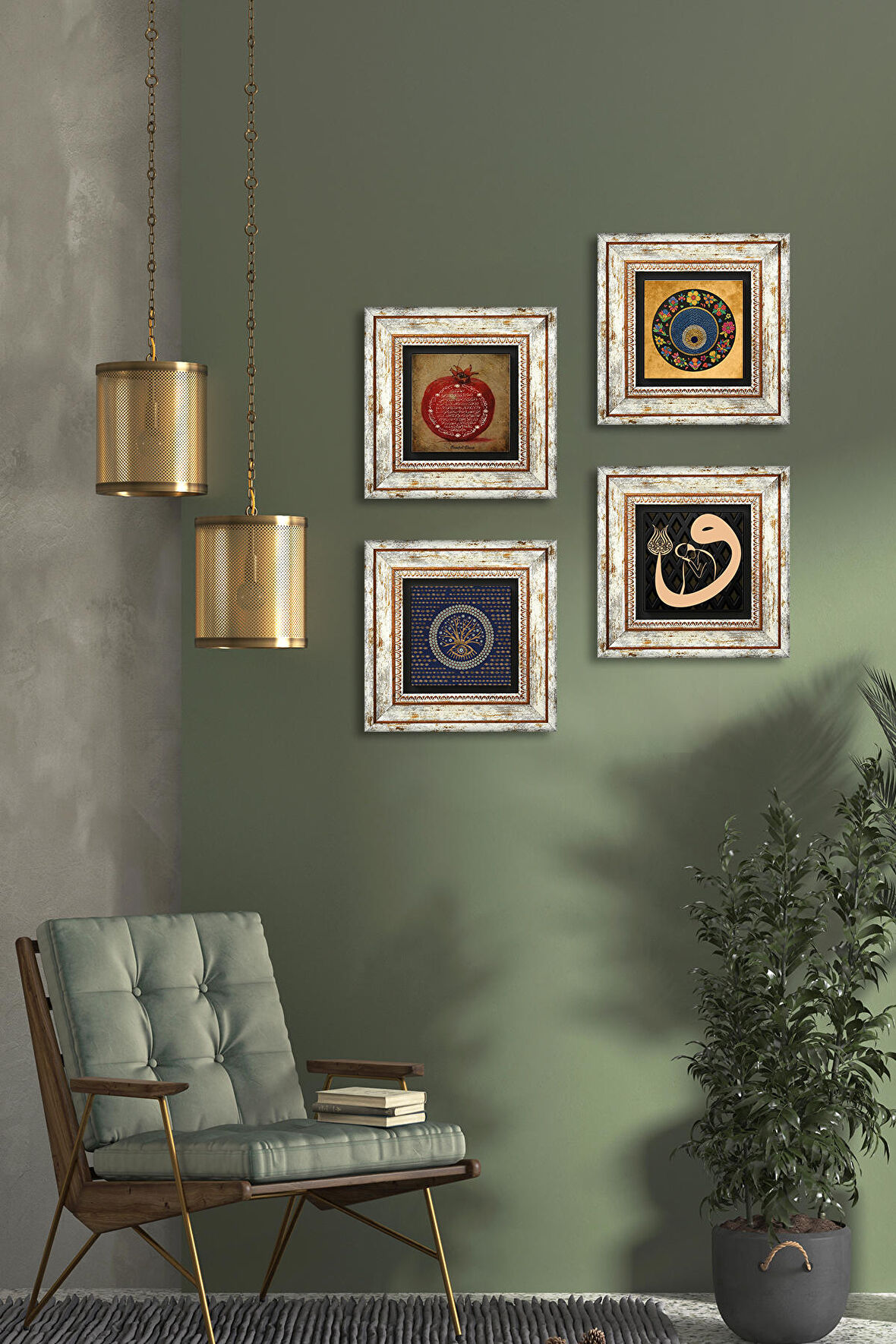 Vav, Nazar, Bereket Duası Taş Duvar Tablosu Çerçeveli Duvar Dekoru 4 Parça Tablo Seti Wall Art