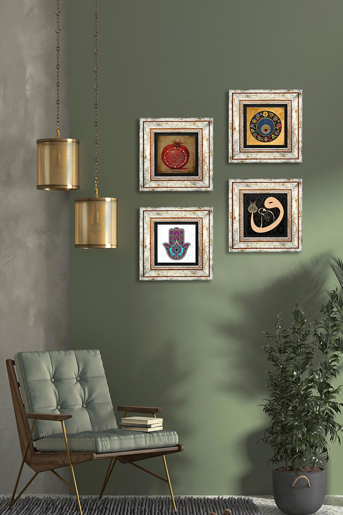 Fatma Ana Eli (Hamsa), Vav, Nazar, Bereket Duası Taş Duvar Tablosu Çerçeveli Duvar Dekoru 4 Parça Tablo Seti Wall Art