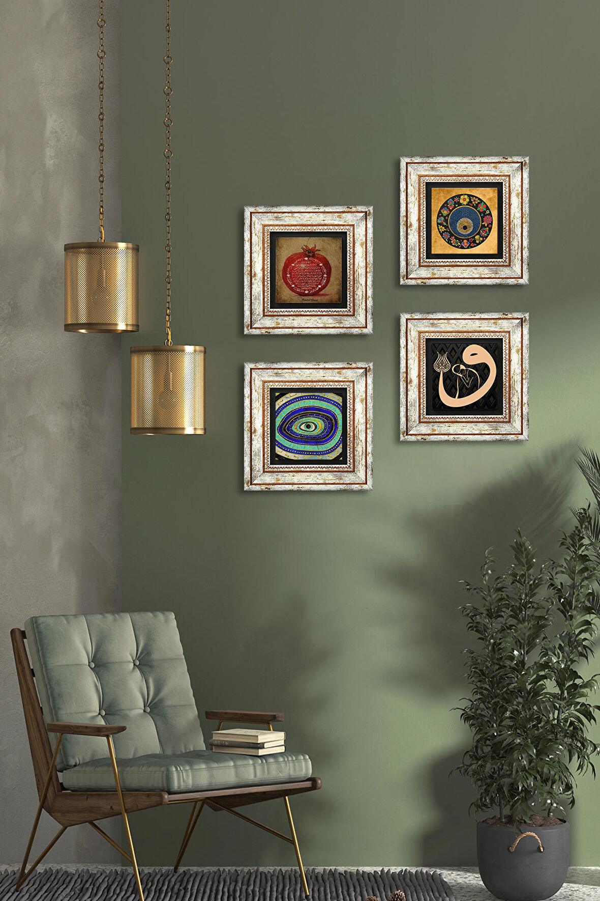 Vav, Nazar, Bereket Duası Taş Duvar Tablosu Çerçeveli Duvar Dekoru 4 Parça Tablo Seti Wall Art