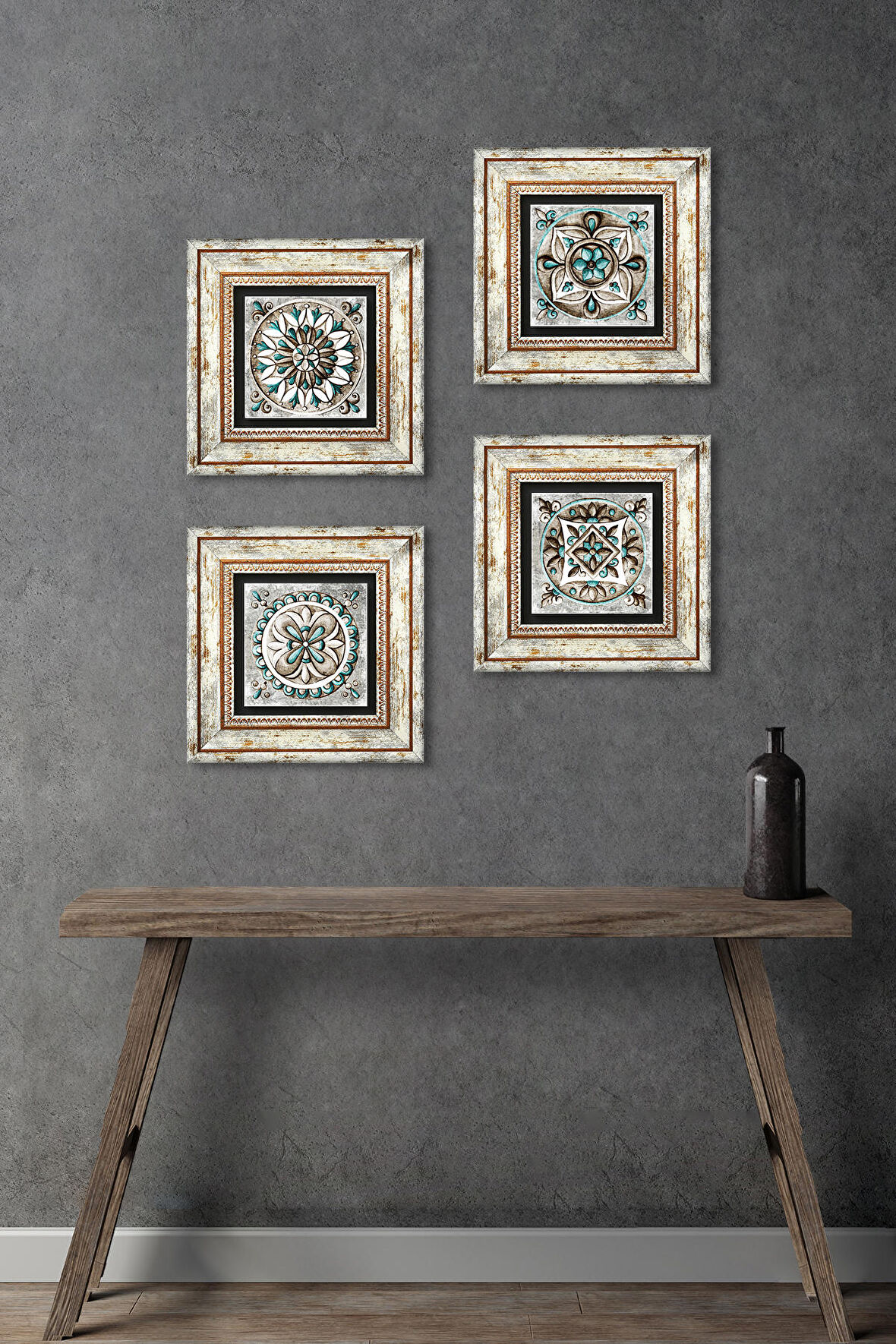 Çini Sanatı Taş Duvar Tablosu Çerçeveli Duvar Dekoru 4 Parça Tablo Seti Wall Art