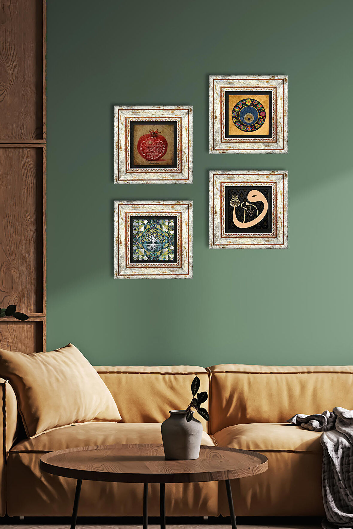 Hayat Ağacı, Vav, Nazar, Bereket Duası Taş Duvar Tablosu Çerçeveli Duvar Dekoru 4 Parça Tablo Seti Wall Art