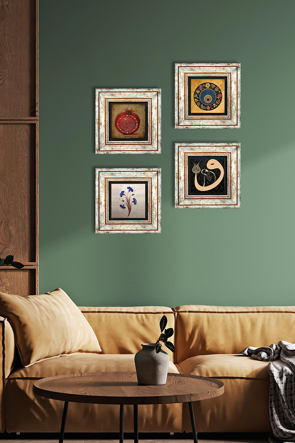 Ebru Sanatı, Vav, Nazar, Bereket Duası Taş Duvar Tablosu Çerçeveli Duvar Dekoru 4 Parça Tablo Seti Wall Art