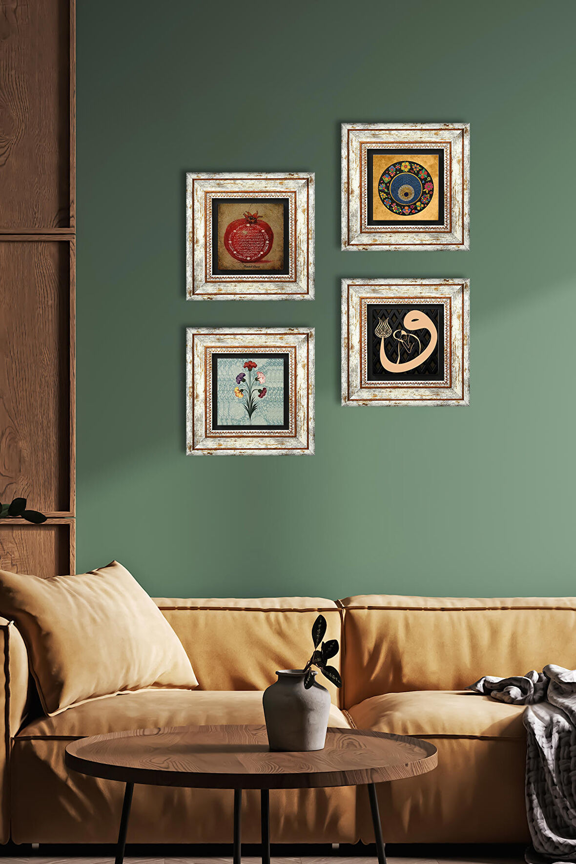 Ebru Sanatı, Vav, Nazar, Bereket Duası Taş Duvar Tablosu Çerçeveli Duvar Dekoru 4 Parça Tablo Seti Wall Art