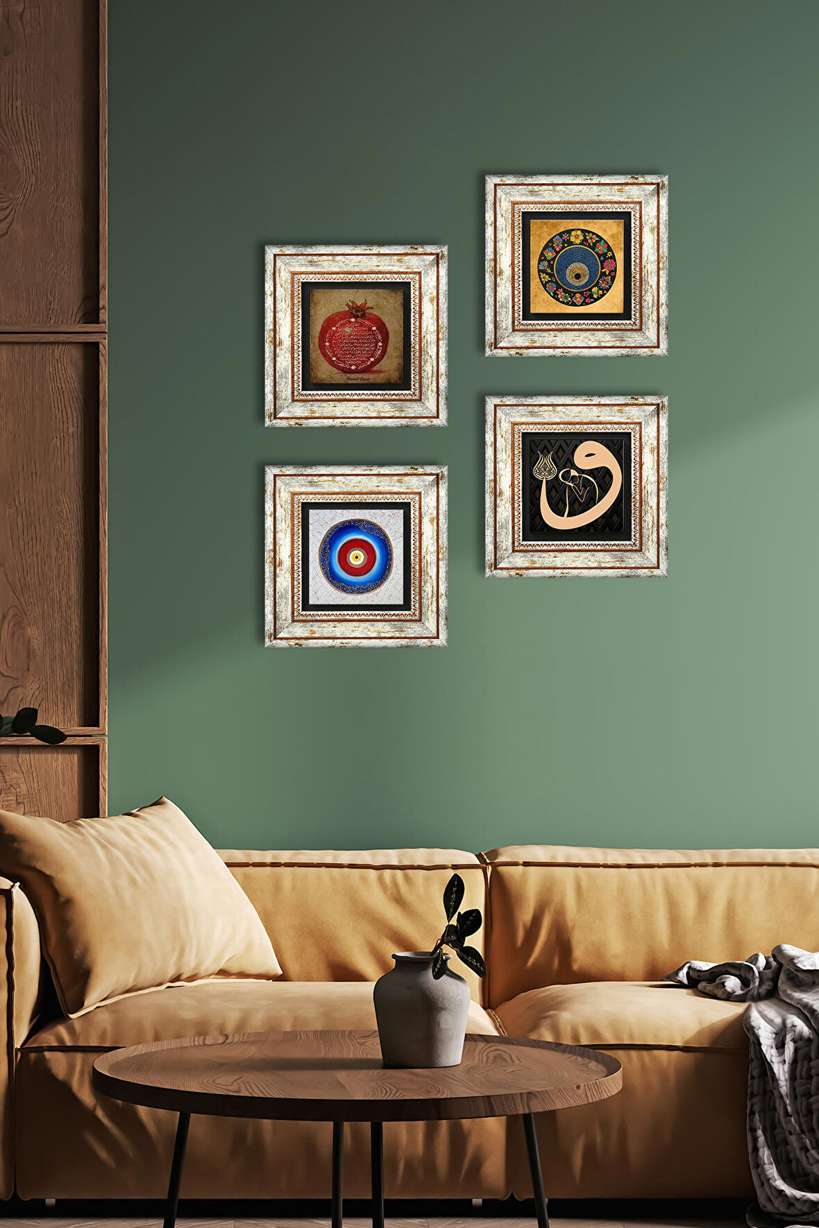 Vav, Nazar, Bereket Duası Taş Duvar Tablosu Çerçeveli Duvar Dekoru 4 Parça Tablo Seti Wall Art