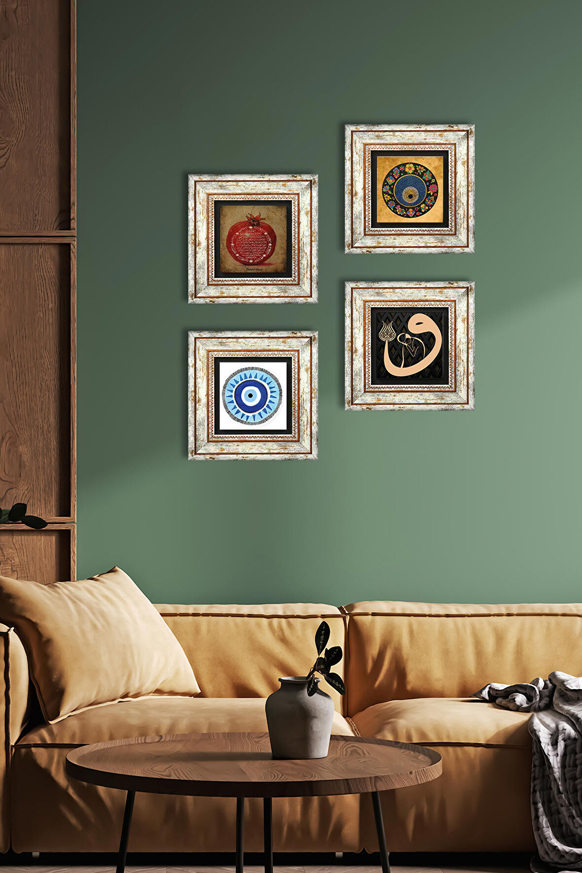 Vav, Nazar, Bereket Duası Taş Duvar Tablosu Çerçeveli Duvar Dekoru 4 Parça Tablo Seti Wall Art