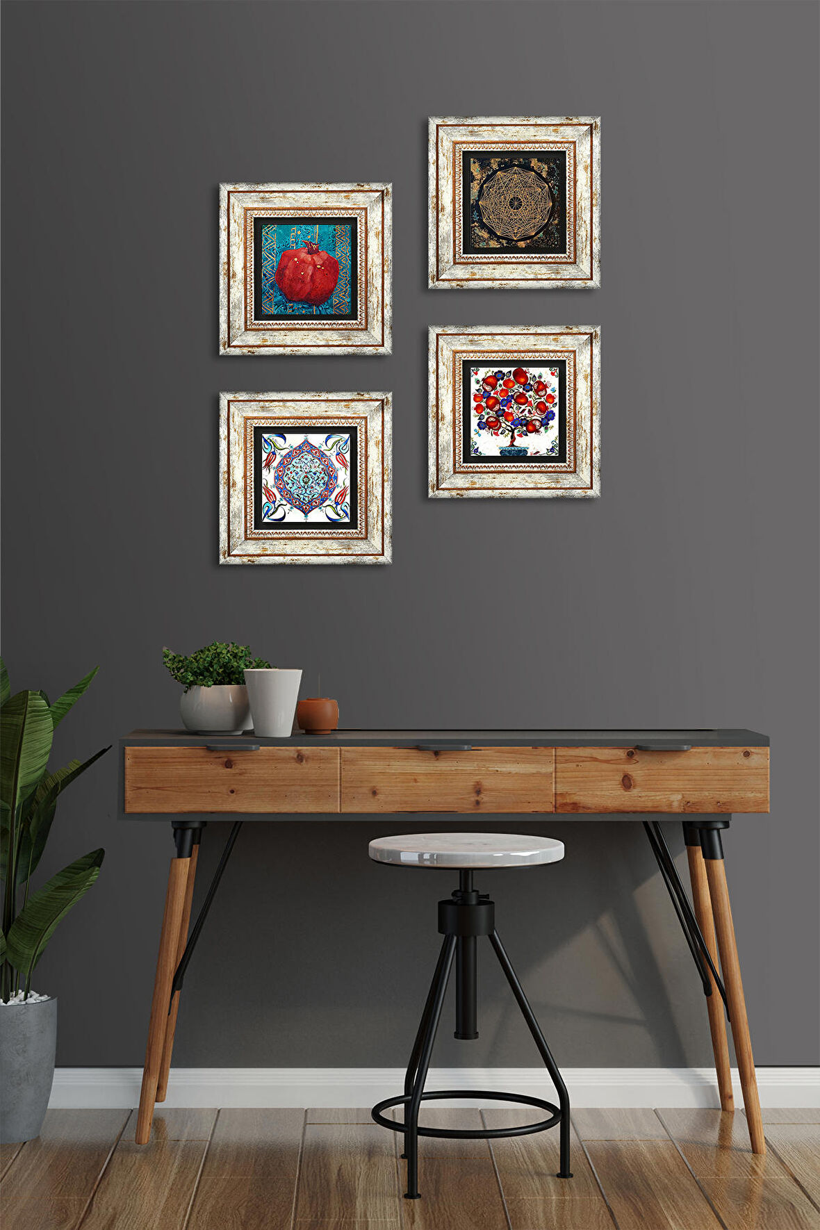 Sri Yantra, Çini Sanatı, Nar Ağacı, Nar Taş Duvar Tablosu Çerçeveli Duvar Dekoru 4 Parça Tablo Seti Wall Art