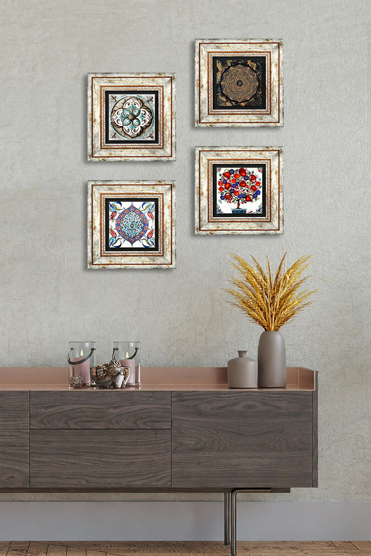 Sri Yantra, Çini Sanatı, Nar Ağacı Taş Duvar Tablosu Çerçeveli Duvar Dekoru 4 Parça Tablo Seti Wall Art