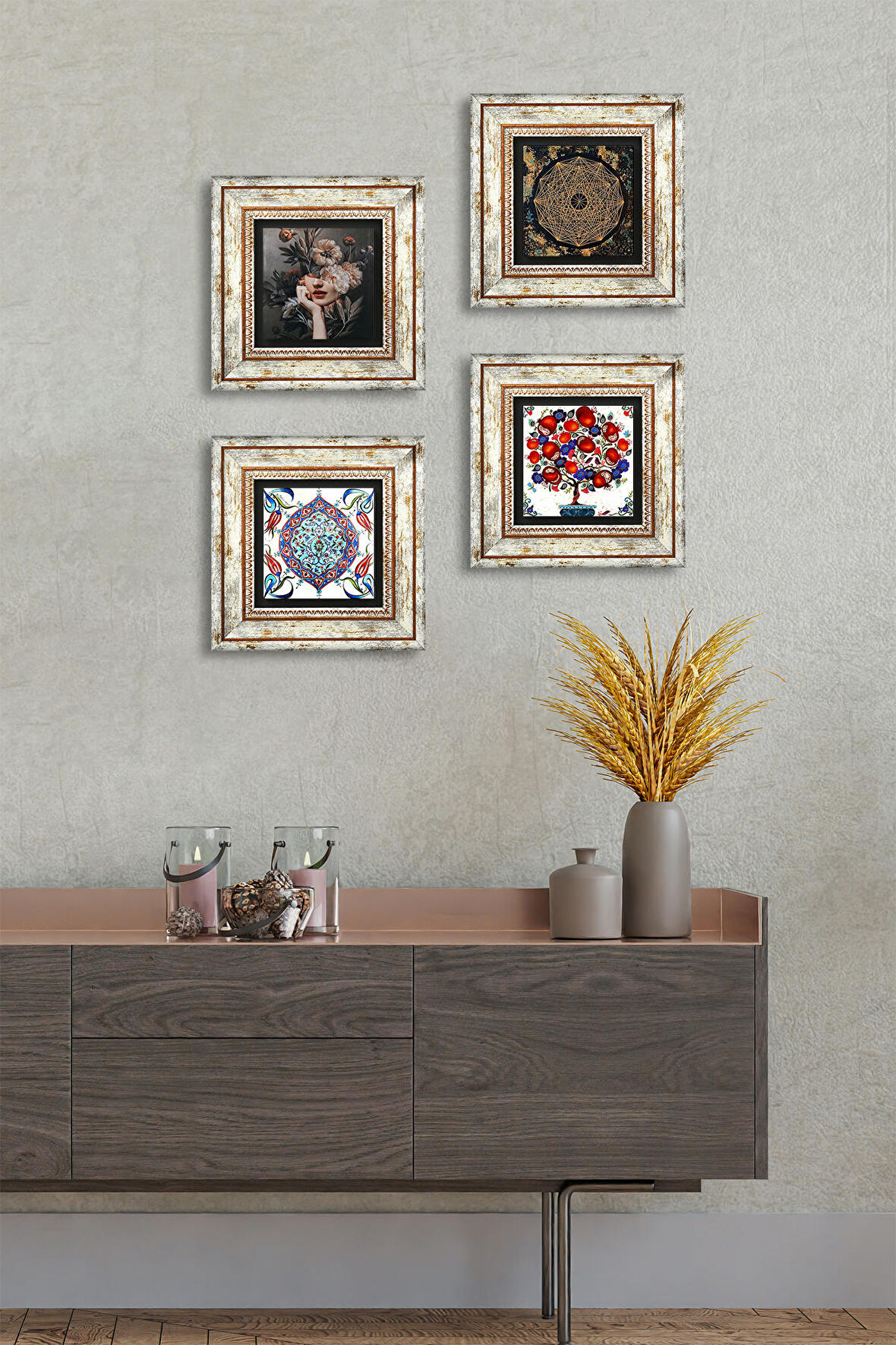 Sri Yantra, Bahar Düşü Serisi, Çini Sanatı, Nar Ağacı Taş Duvar Tablosu Çerçeveli Duvar Dekoru 4 Parça Tablo Seti Wall Art