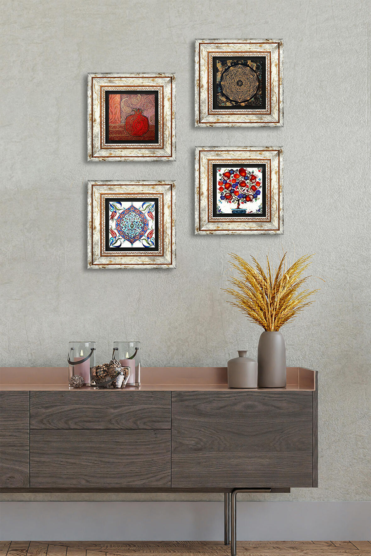 Sri Yantra, Nar, Çini Sanatı, Nar Ağacı Taş Duvar Tablosu Çerçeveli Duvar Dekoru 4 Parça Tablo Seti Wall Art