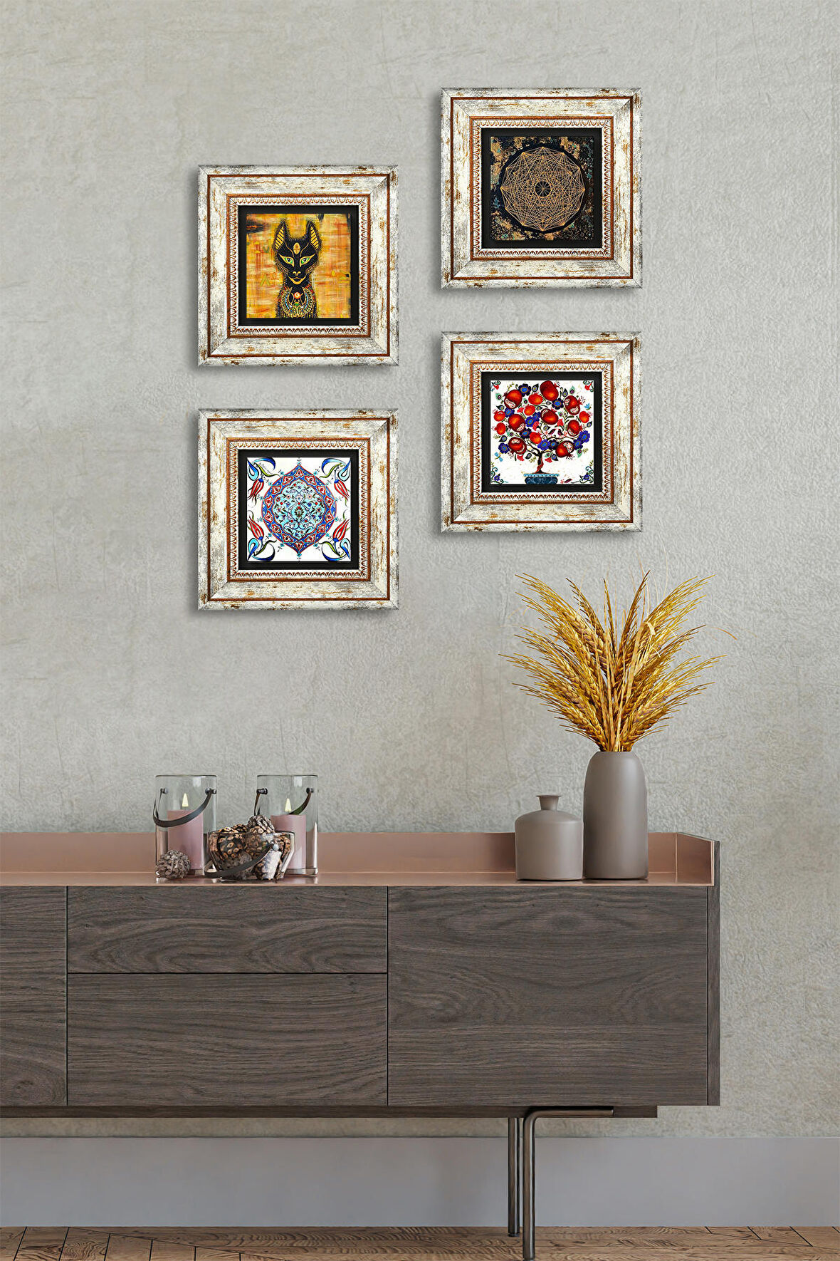 Sri Yantra, Antik Mısır, Çini Sanatı, Nar Ağacı Taş Duvar Tablosu Çerçeveli Duvar Dekoru 4 Parça Tablo Seti Wall Art