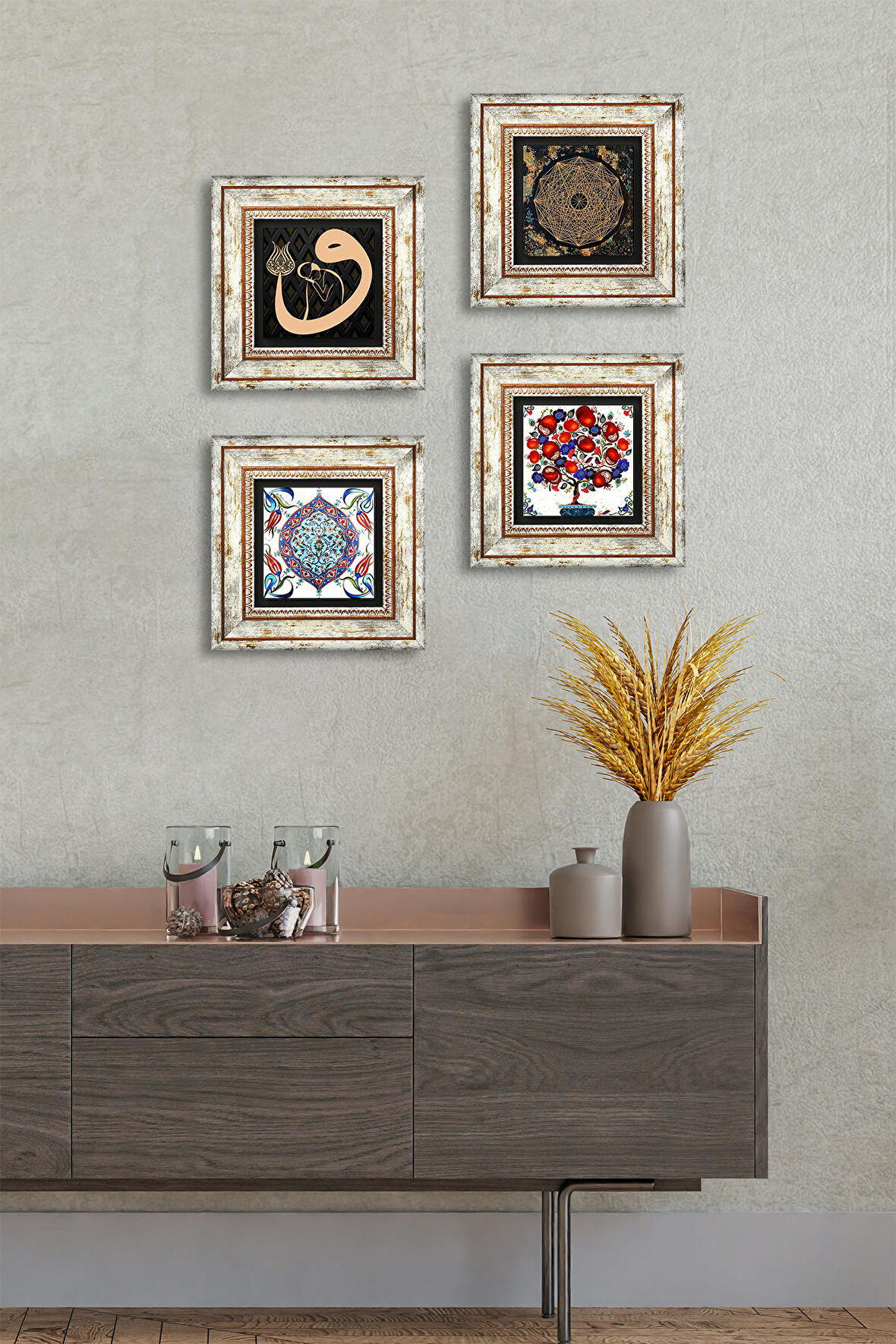 Sri Yantra, Vav, Çini Sanatı, Nar Ağacı Taş Duvar Tablosu Çerçeveli Duvar Dekoru 4 Parça Tablo Seti Wall Art
