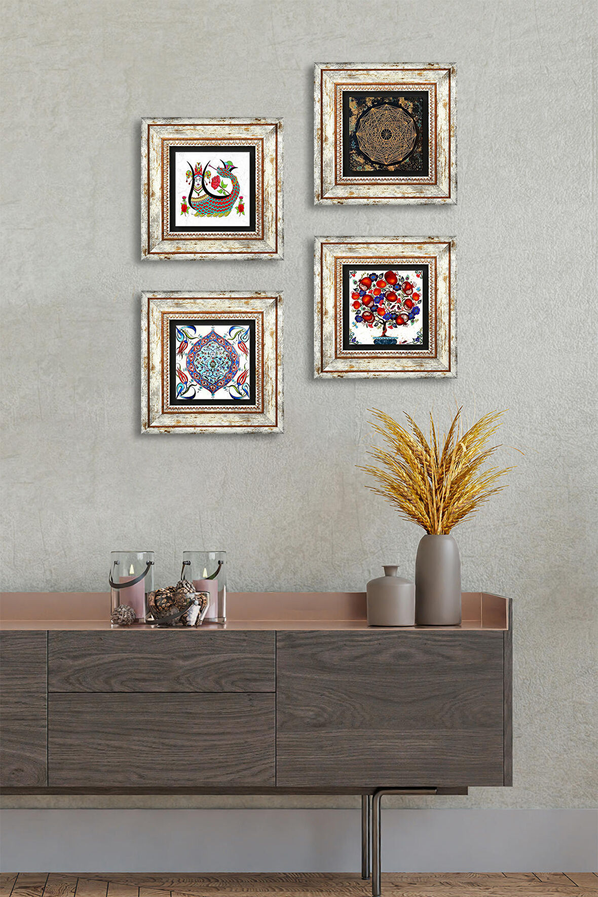 Sri Yantra, Şahmeran, Çini Sanatı, Nar Ağacı Taş Duvar Tablosu Çerçeveli Duvar Dekoru 4 Parça Tablo Seti Wall Art