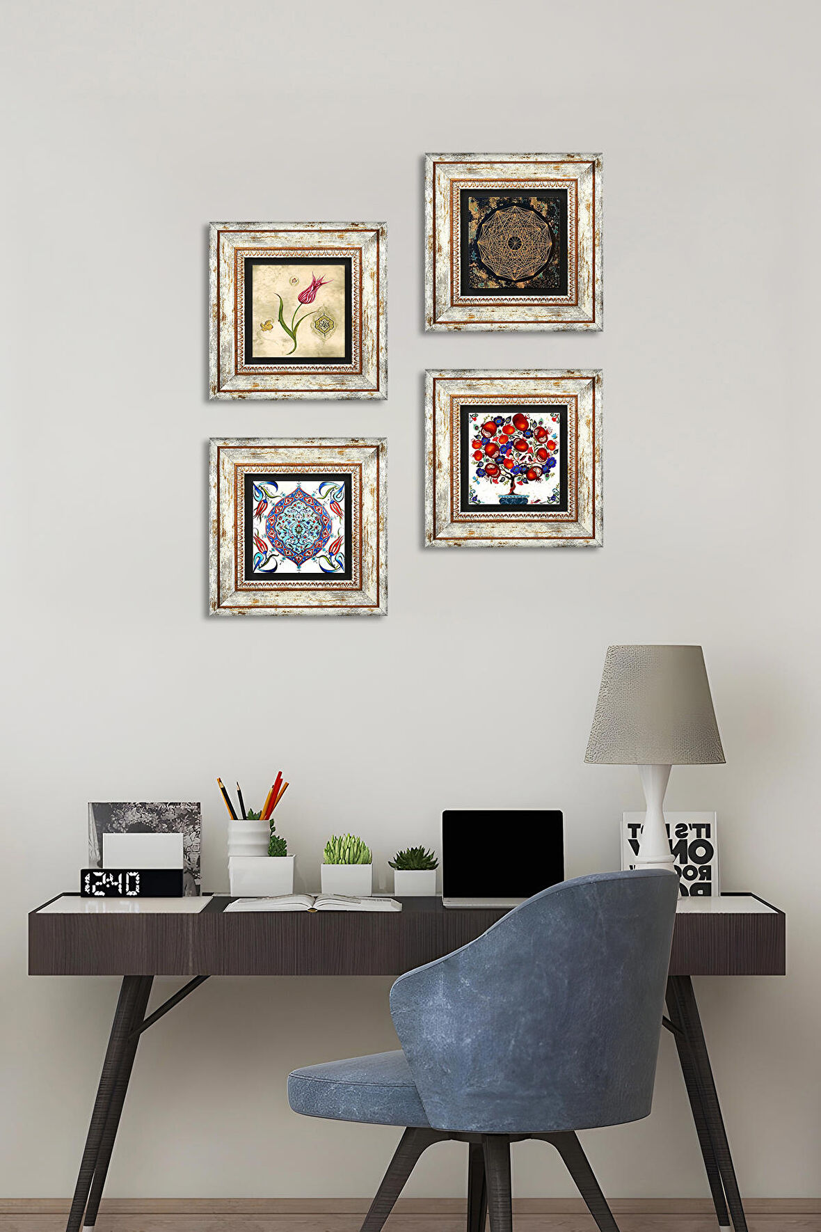 Sri Yantra, Lale, Çini Sanatı, Nar Ağacı Taş Duvar Tablosu Çerçeveli Duvar Dekoru 4 Parça Tablo Seti Wall Art